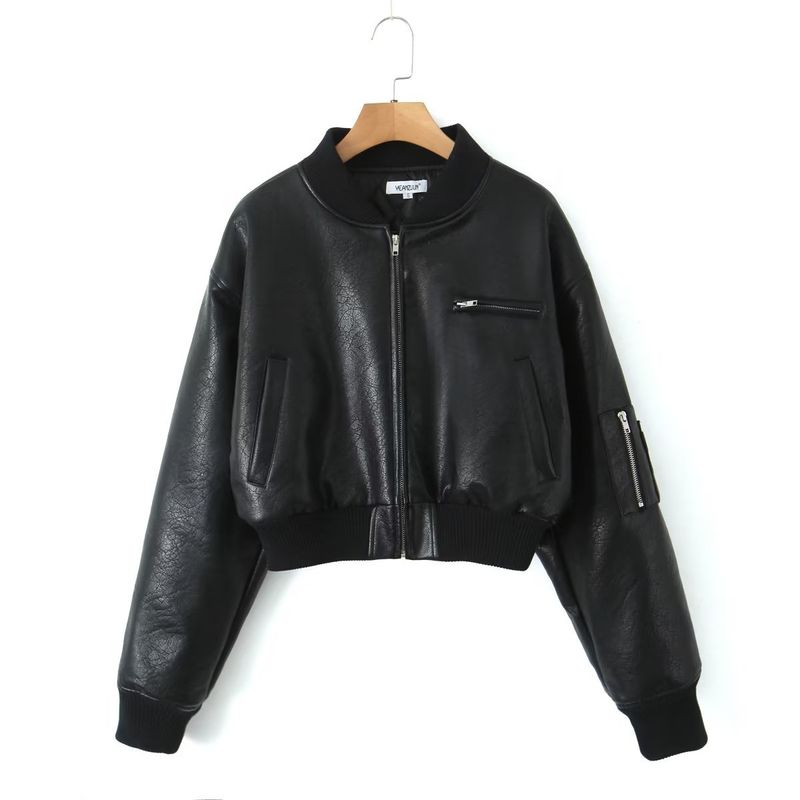 Women's clothing PU Street Fashion Short Jacket Autumn and Winter Leather Jacket Pocket Zipper Women's Top 9VS9140_voghion.com