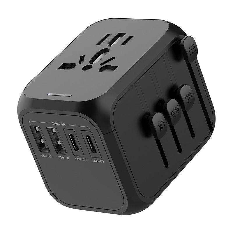 Adaptador de viagem global com 4 portas USB – Conversor de energia universal para EUA/Reino Unido/UE/AU (2000 W, 2 USB-C + 2 USB-A, proteção contra sobrecarga, segurança para crianças)_voghion.com