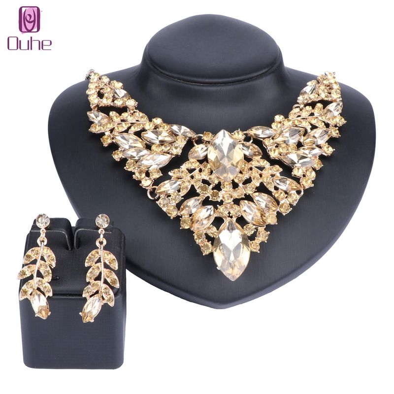 Fashion Crystal Rhinestones Pendant Necklace Earrings Bridal Wedding Party Accessories Decoration Jewelry Set_voghion.com
