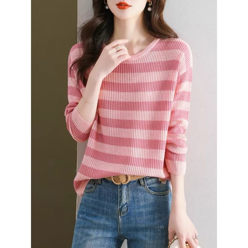 Różowy, prążkowany, długi sweter z rękawami dla kobiet 2024, nowy, stylowy, luźny, cienki sweter z wewnętrzną warstwą, jesienny top_voghion.com