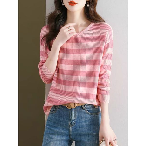 Różowy, prążkowany, długi sweter z rękawami dla kobiet 2024, nowy, stylowy, luźny, cienki sweter z wewnętrzną warstwą, jesienny top_voghion.com