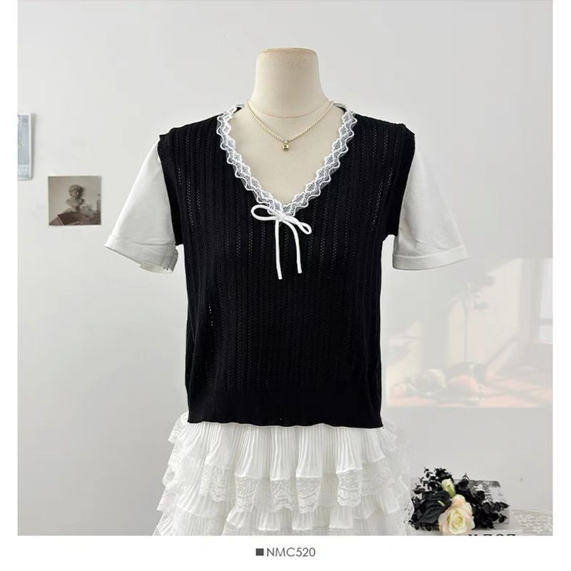 Maglione lavorato a maglia a maniche corte con scollo a V in pizzo abbinato ai colori dolci da donna, per l'estate, corto, cavo, ampio, per le donne_voghion.com