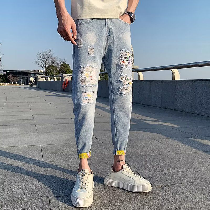 Men's Clothing Summer ripped pants skinny Korean style trendy nine-point pants men's jeans_voghion.com