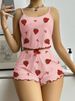 ChicShe Damenpyjama im neuen europäischen und amerikanischen Stil, geripptes Mode-Set mit gekreuztem Bordürenmuster und Erdbeerprint, süßes Camisole_voghion.com
