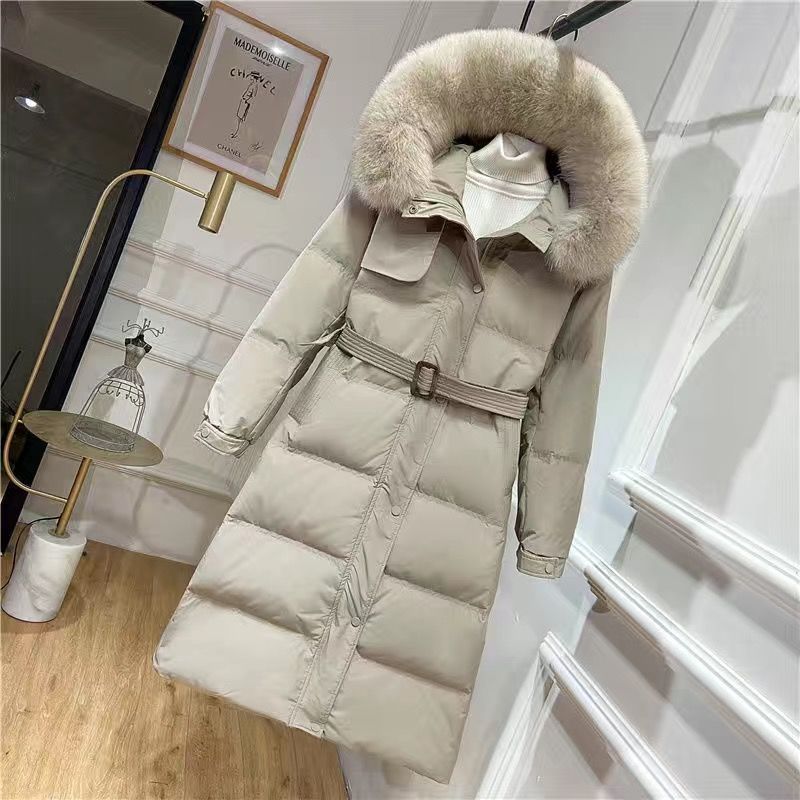 Veste chaude mi-longue à col en fourrure pour femme_voghion.com