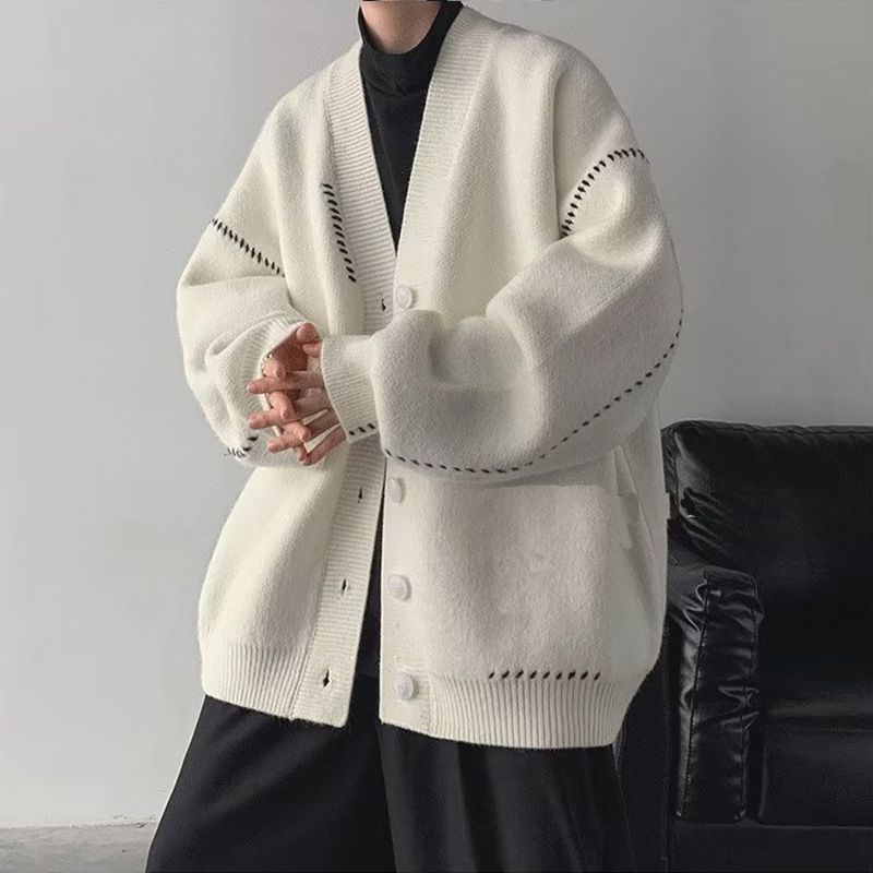 New cardigan sweater men's autumn trend loose V-neck knitted sweater design sense casual sweater_voghion.com