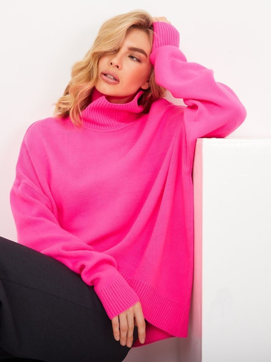 Women's Oversized High-Neck Sweater – Trendy Fall & Winter Pullover, Soft Viscose Blend, Drop Shoulder Sleeves, 8 Vibrant Colors For Casual_voghion.com