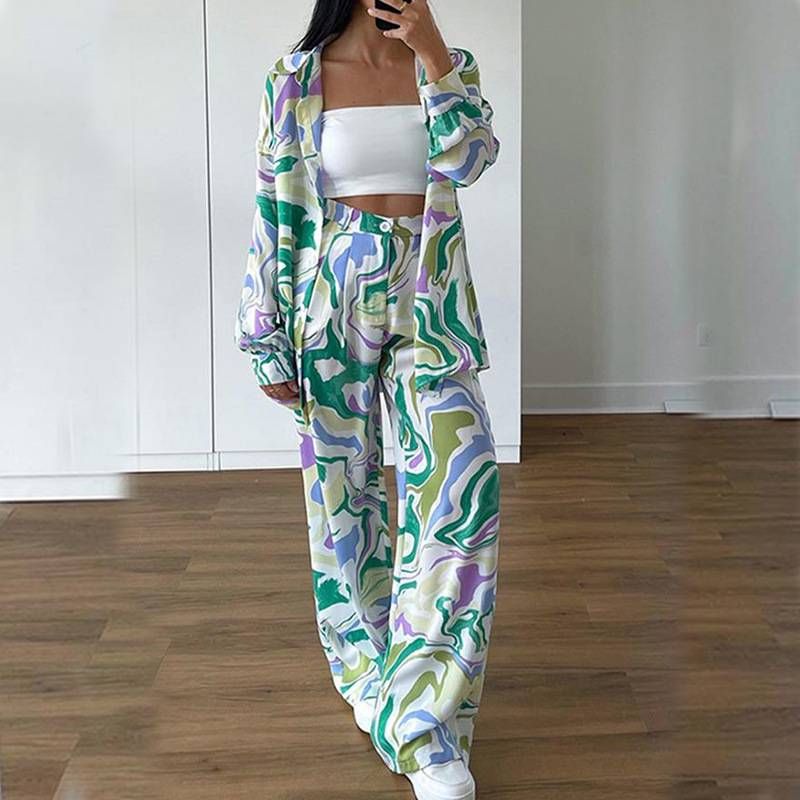 2025 Autumn New European Fashion Women's Street Tracksuit Set Loose Printed Shirts And Trousers Fashion Casual Suit_voghion.com