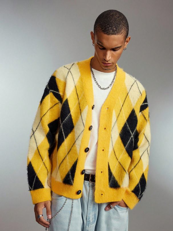 Inspired Argyle Knit Cardigan - V-Neck, Oversized Fit, Unisex Acrylic-Blend Sweater For Casual & Couple Outfits_voghion.com