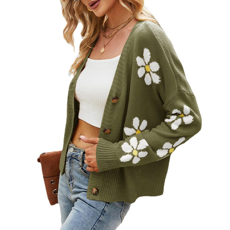 Sweet Flower Knitted Cardigan V-neck Jacquard Knitted College Style Sweater Jacket_voghion.com