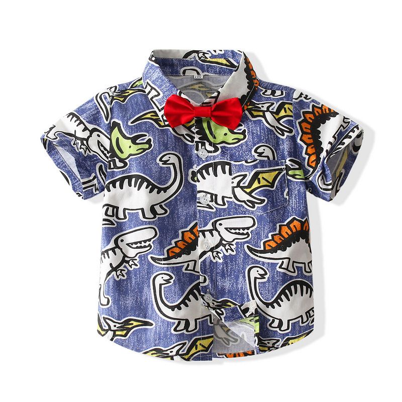 Mother & Kids Boys gentleman casual suit 2024 summer new European and American style children's cartoon dinosaur shirt bib suit_voghion.com