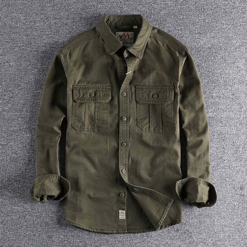 Men's Clothing Workwear Multi Pocket Shirt Jacket Simple Washed Distressed Versatile Long Sleeved Shirt Casual Tops_voghion.com