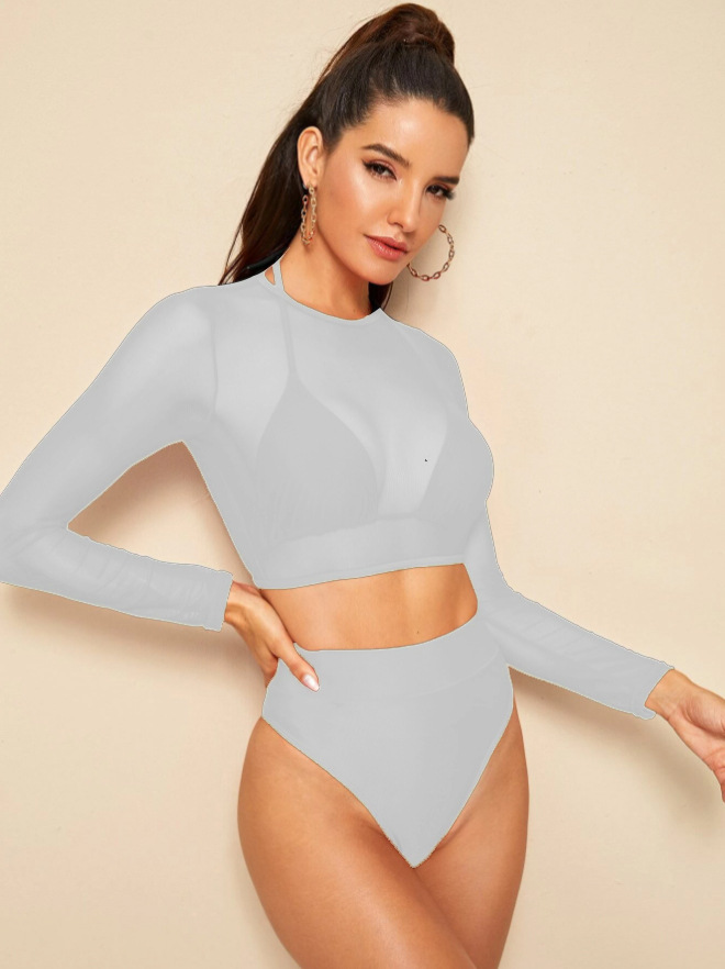 Maillot de bain deux pièces en maille à manches longues, taille haute, triangle, ensemble trois pièces, 2025_voghion.com