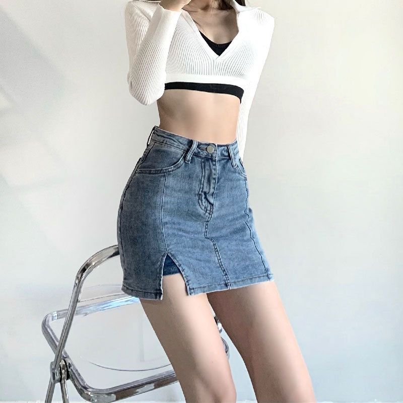 Split elastic anti glare denim ins trendy internet red slim height waist A-line half body wrap buttocks short skirt for_voghion.com