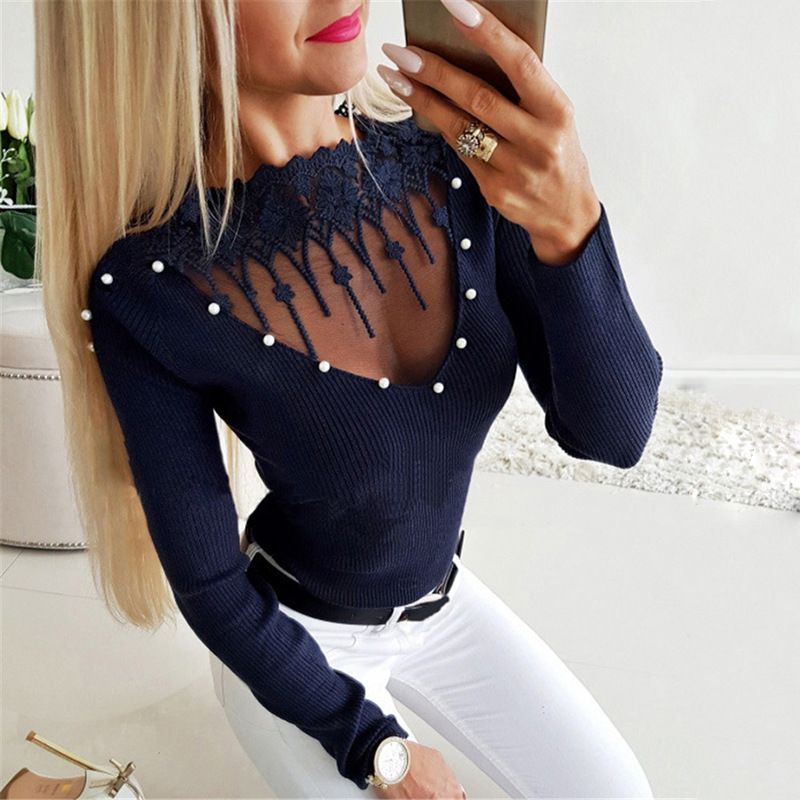 Damenbekleidung, heißer Stil, sexy, enger, spitzer undichter Pullover_voghion.com