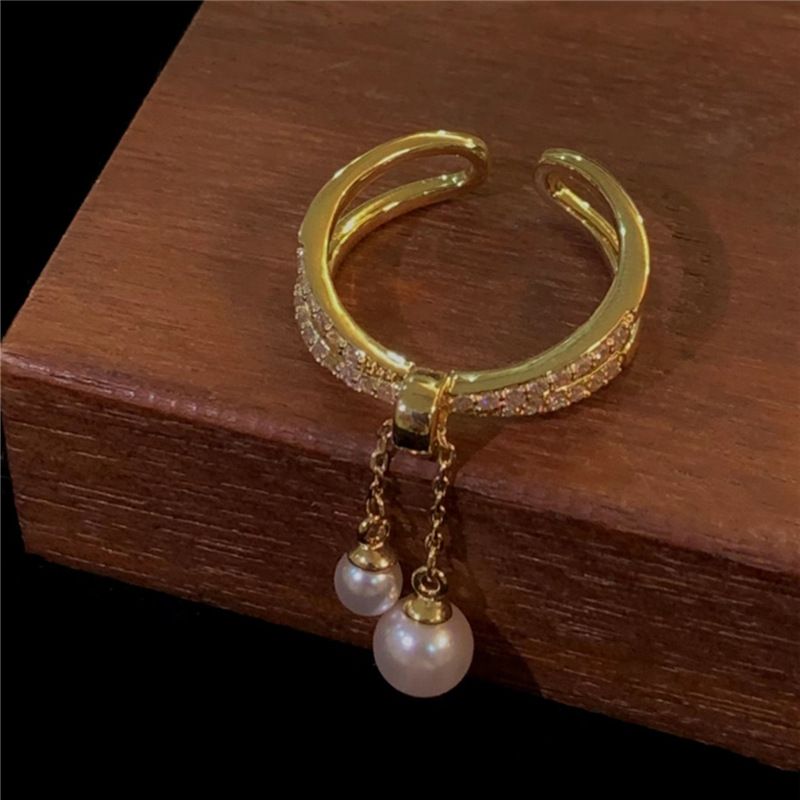 Offener Ring mit galvanisiertem Zirkonia und echtem Gold, zweilagig, mit hochwertigem Gefühl, vielseitiger Indexierung mit Perlenquaste_voghion.com
