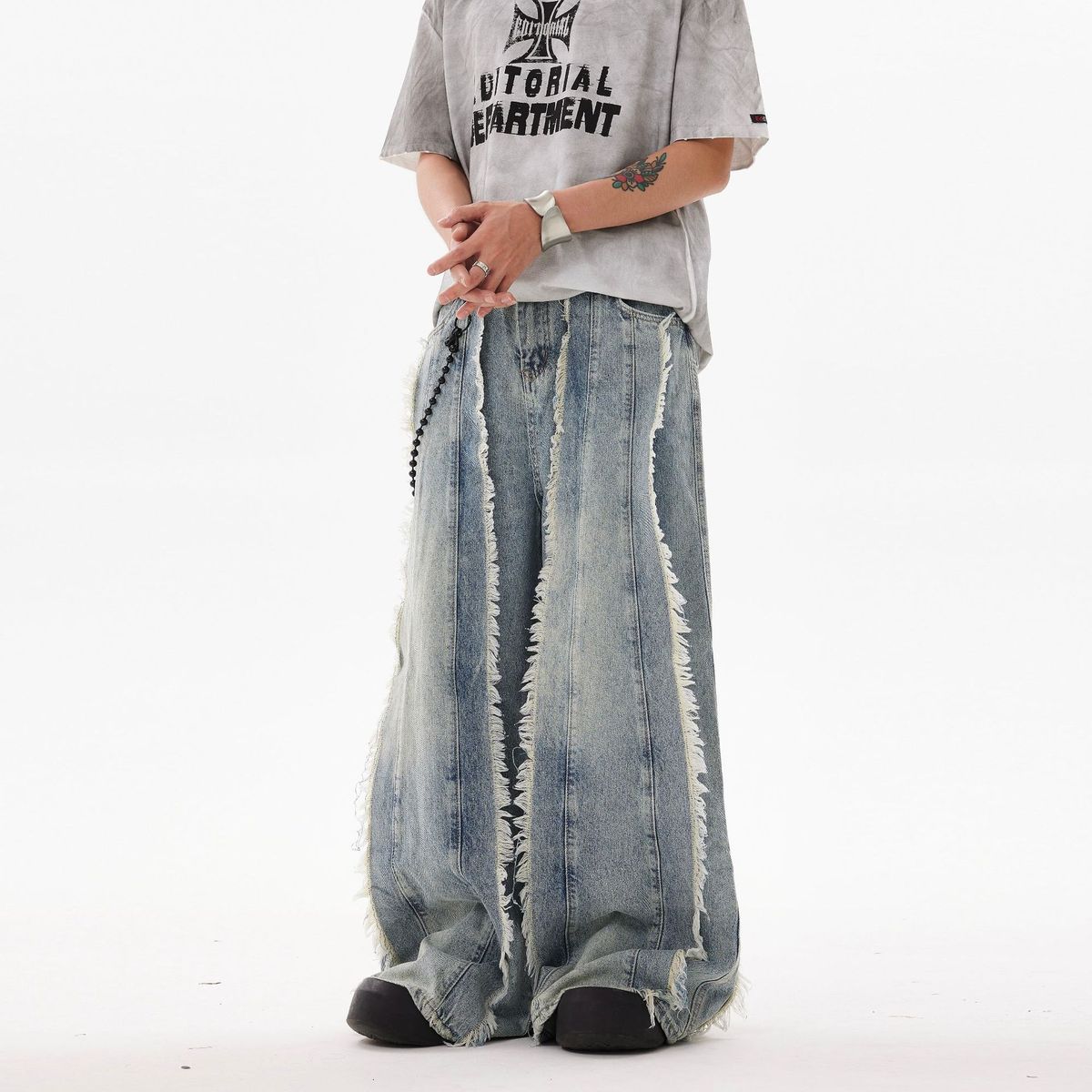 Herrenbekleidung Retro-Nische dekonstruierte Spleißen Haarrand Silhouette lockere weite Bein Wisch-Jeans für Herren_voghion.com