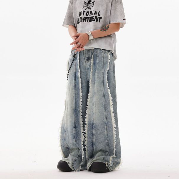 Herrenbekleidung Retro-Nische dekonstruierte Spleißen Haarrand Silhouette lockere weite Bein Wisch-Jeans für Herren_voghion.com