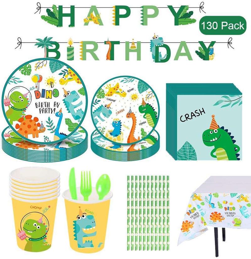 Dinosauro verde carino compleanno per bambini, piatto di carta, bicchiere di carta, tovaglia, oggetti di scena, decorazioni per feste, set di stoviglie_voghion.com