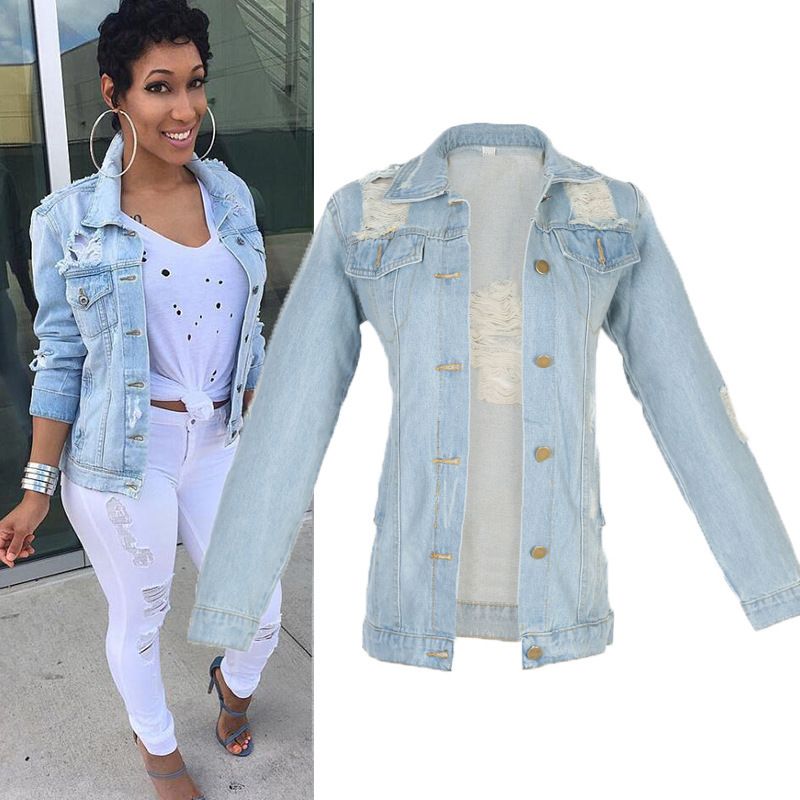 Women's clothing denim ripped tops fashionable large size denim jackets for women_voghion.com