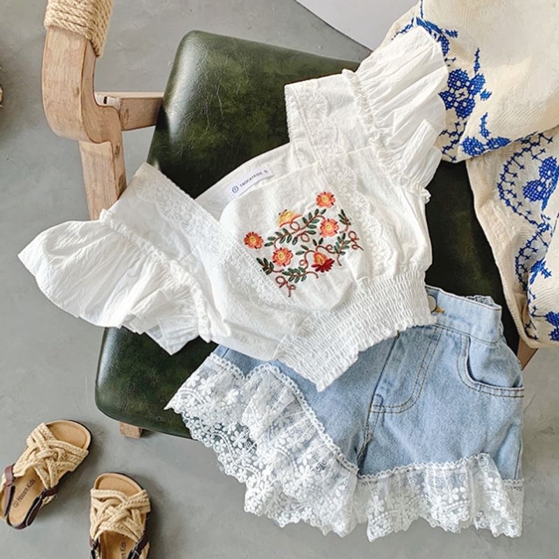 Mama & Copii haine copii vara nou fete costum top brodat la modă plus costum pantaloni scurți din denim_voghion.com
