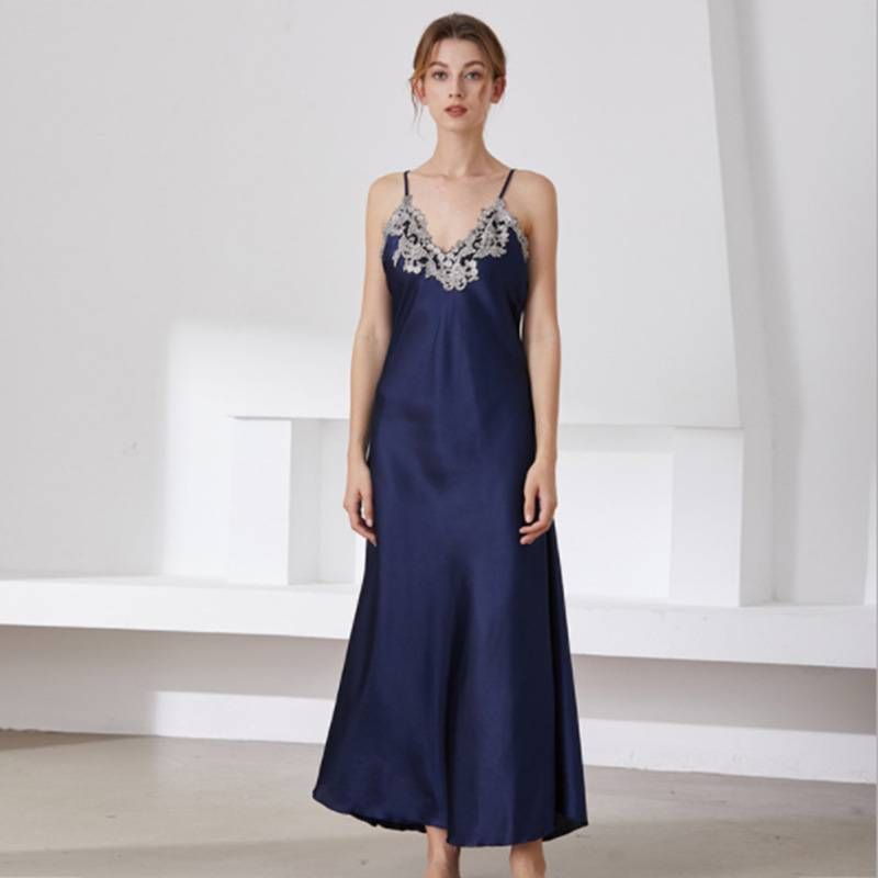 Women's  silk pajamas, sexy V-neck long suspender nightdress with lace, pajamas & loungewear._voghion.com