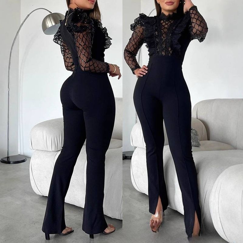 Damenbekleidung Neuer schwarzer Jumpsuit mit Pailletten-Netzspitze und langem Ärmel und engem Beinschlitz_voghion.com