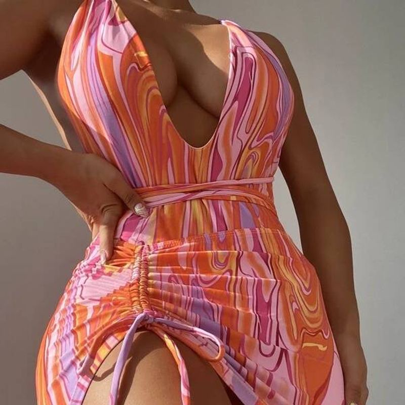 Robe une pièce pour femme avec imprimés à rayures multicolores, bikini à la mode, maillot de bain trois pièces_voghion.com