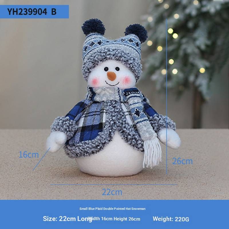 Christmas Snowman Plush Doll – Festive Tabletop Decor For Home, Gift & Store Display (Cartoon Style, Soft Fabric, Blue Checkered Hat, 3 Sizes)_voghion.com