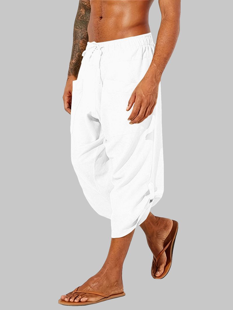 Men's 7-Inch Pants Casual Loose Elastic Waist Drawstring Gym Sports Cotton Bohemian With Pockets_voghion.com