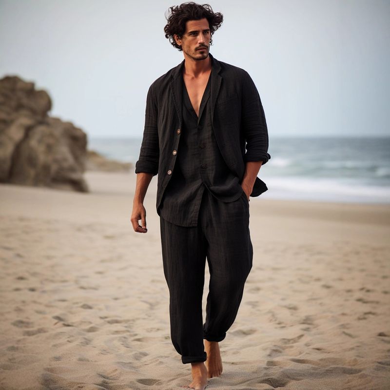 Men's Casual Linen-Blend Shirt & Wide-Leg Pants Set – Black (S-XXXL) | Early Autumn Relaxed Fit_voghion.com