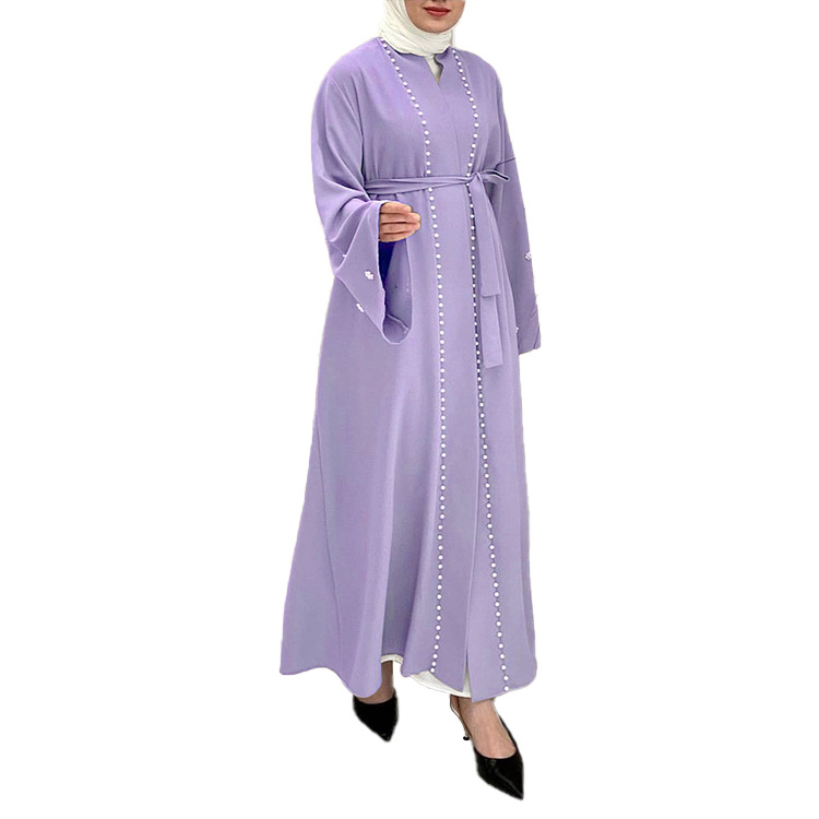 cardigan alla moda con maniche a campana in tinta unita e abito con cuciture di perle_voghion.com