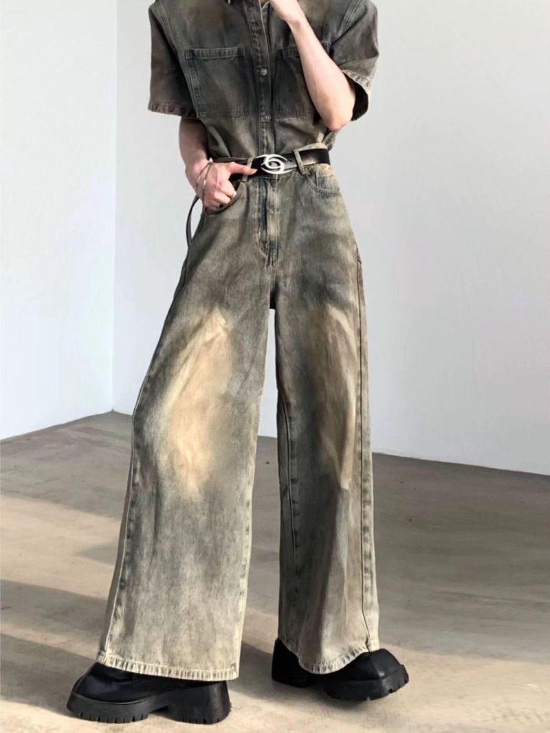 Herrenbekleidung Old Washed Retro Jeansjacke Nischendesign Kurzarmanzug_voghion.com
