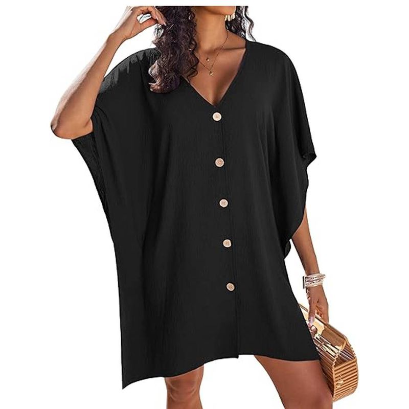 Women's Swimsuit Cover Up Button Down Swimsuit Cover Up 3/4 Sleeve Beachwear Oversized Bikini Shirt Dress S-XXL_voghion.com