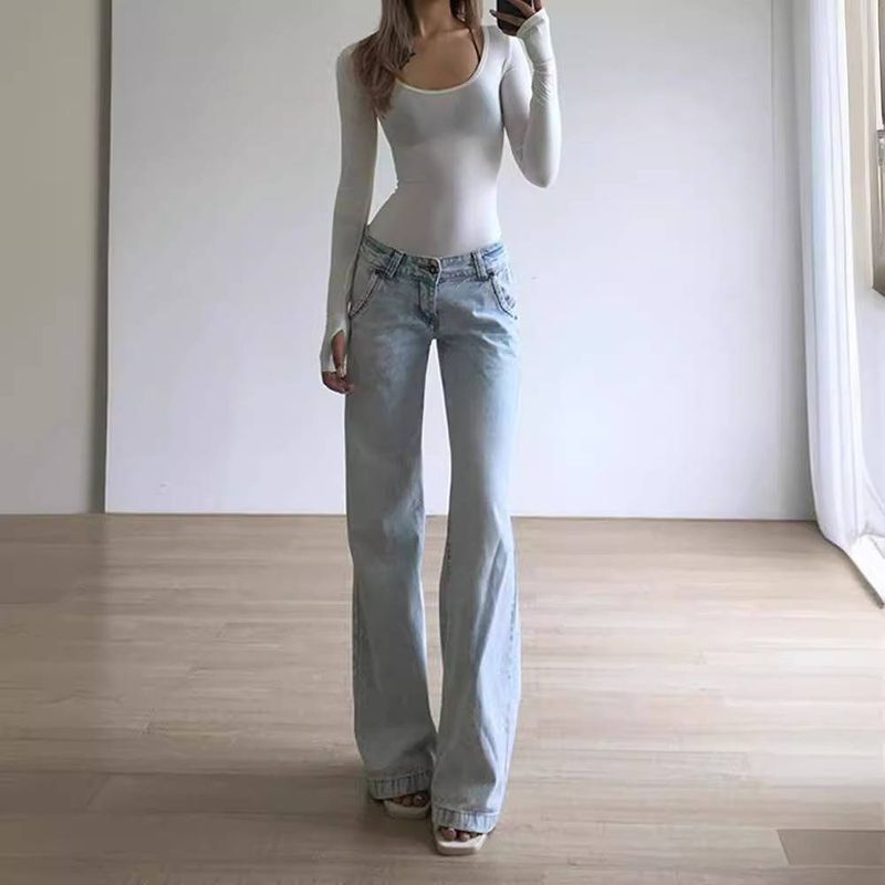 Women's Clothing Retro Light Blue Low Waist Jeans For Women Straight Hot Girl Loose Mopping Trousers_voghion.com