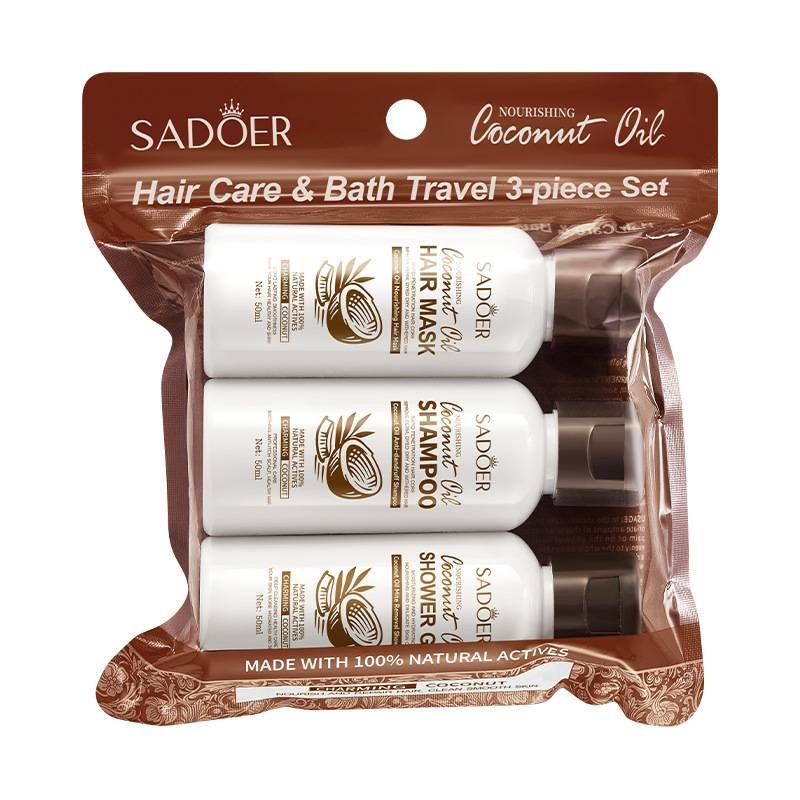 Set de viaje de 3 piezas de aceite de coco para cabello y cuerpo de SADOER, que incluye champú, gel de ducha y mascarilla capilar, nutritivo e hidratante para el cuidado en cualquier lugar._voghion.com