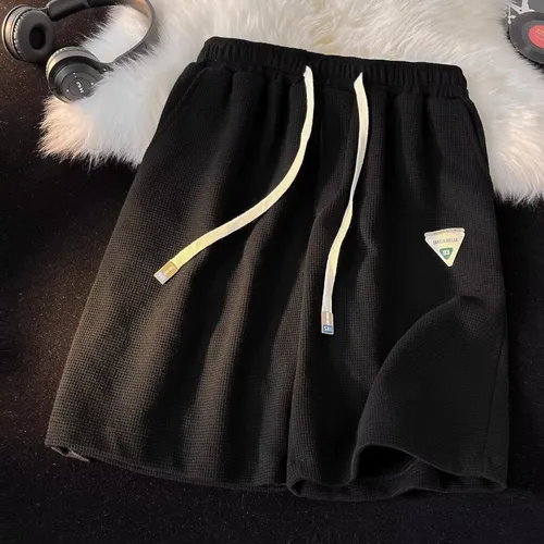 Nieuwe zomerse wafelstof losse casual 5-pocket cargo shorts voor mannen en tieners - ademend polyester, streetwear-stijl, meerdere kleuren (zwart, beige licht)_voghion.com