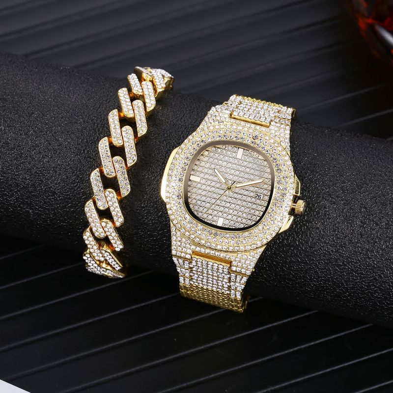 Fashion trend full diamond steel band calendar watch full of stars two piece suit men and women hip hop bracelet diamond watch_voghion.com