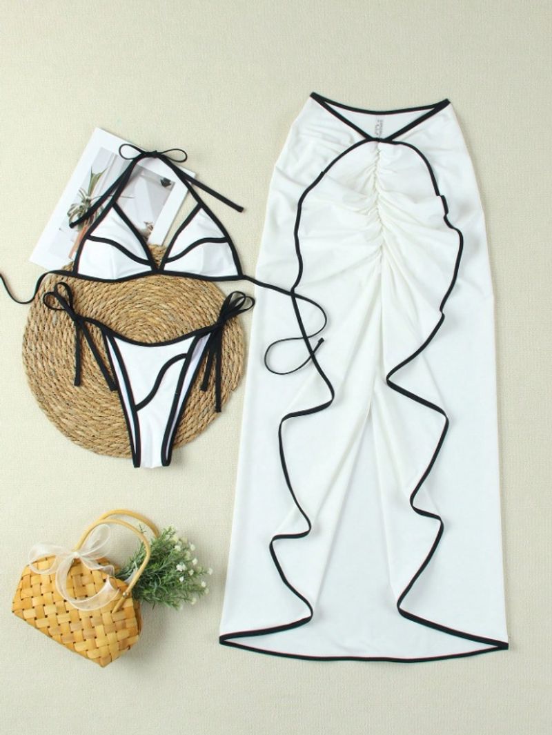 Îmbrăcăminte pentru femei, bikini asimetric simplu și sexy, set de trei piese, cu sling elastic, costum de plajă cu fustă de vacanță_voghion.com