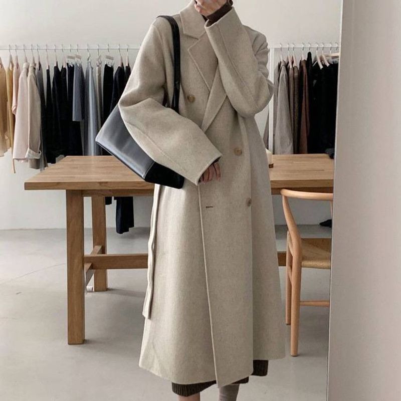 Women's Clothing double sided nylon long over the knee belted woolen coat_voghion.com