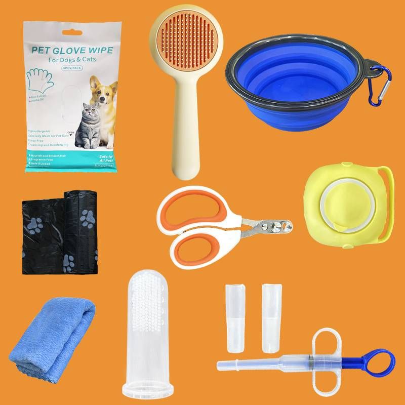 Ensemble de sept pièces pour animaux de compagnie, fournitures pour animaux, outils, mangeoire, gants jetables, coupe-ongles et autres fournitures_voghion.com