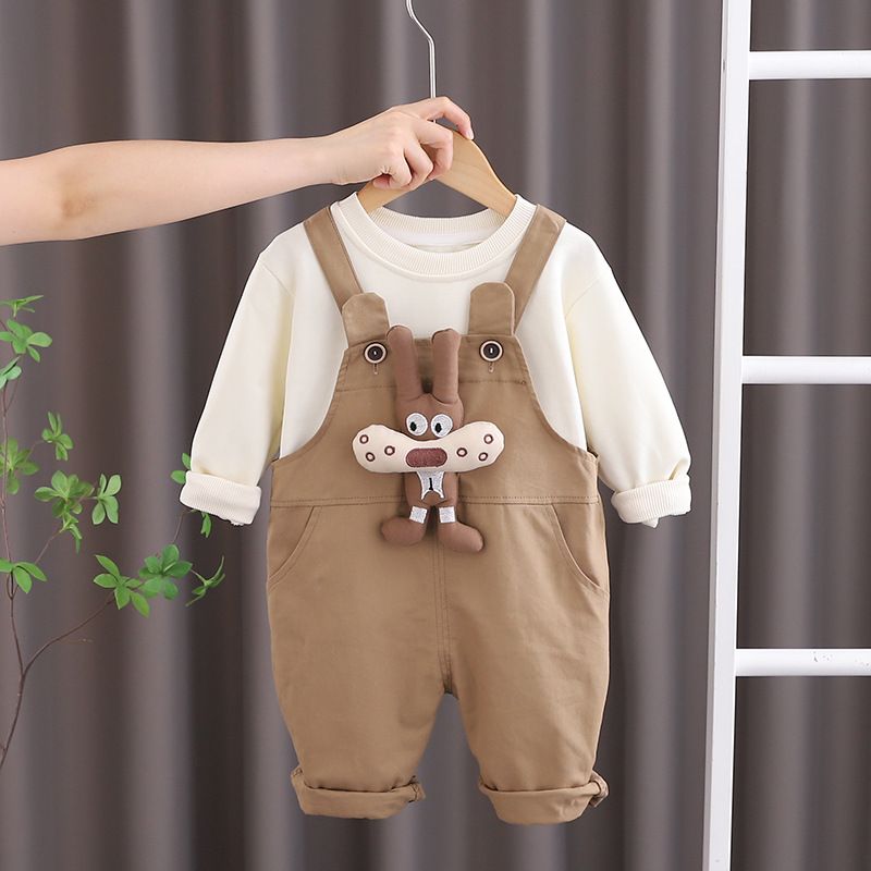 Bebê Primavera 2024 Novos Meninos e Meninas Outono Estilo Ocidental Roupas Chilren's Strap Calças Conjunto de Duas Peças Moda_voghion.com