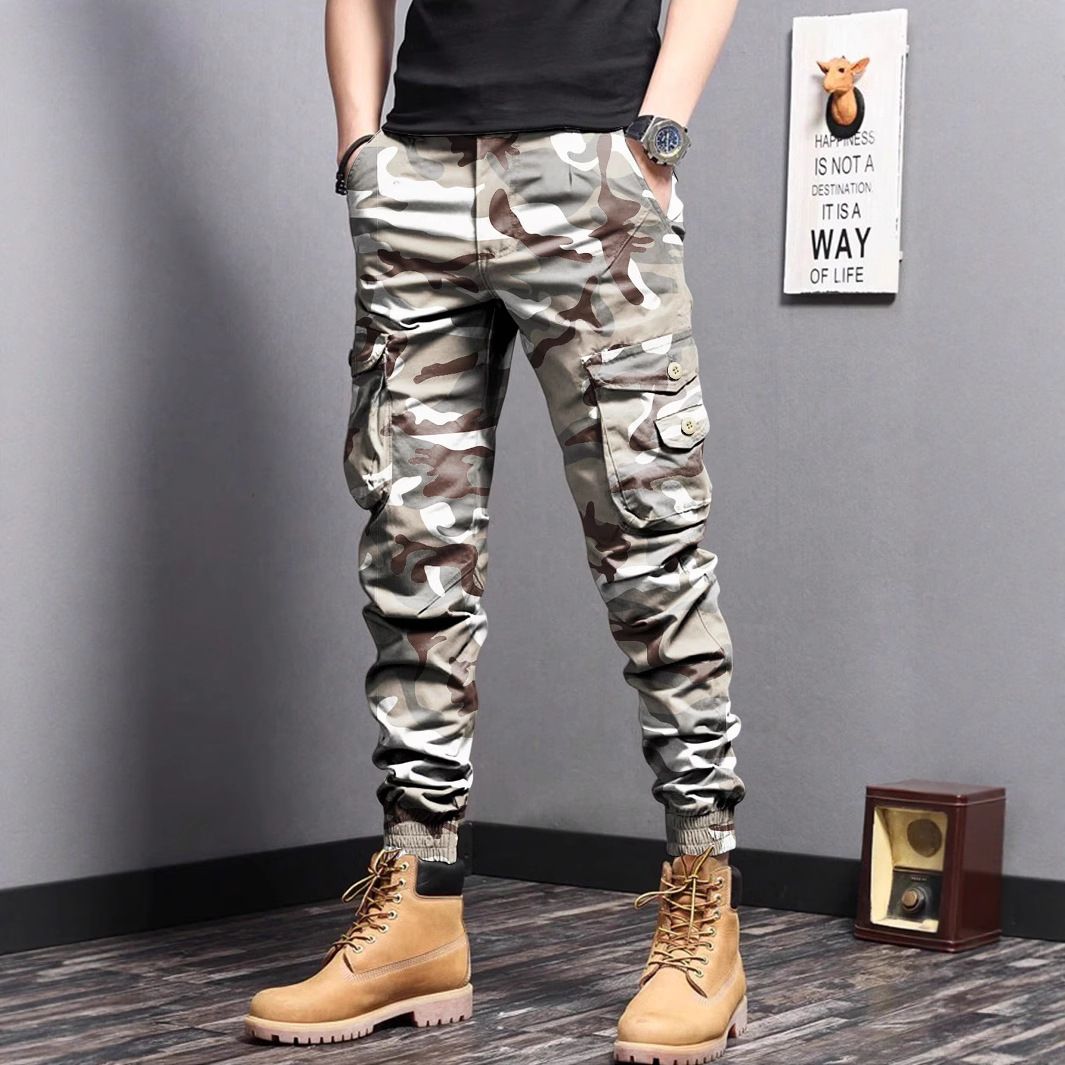 Heren camouflage cargobroek - Slim fit militaire utility-broek met trekkoord in de taille (bos/woestijncamouflage) | Streetwear & tactische stijl_voghion.com