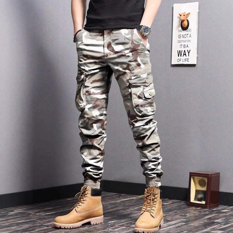 Pantaloni cargo mimetici da uomo – Pantaloni militari slim fit con coulisse in vita (mimetico Woodland/Desert) | Stile streetwear e tattico_voghion.com