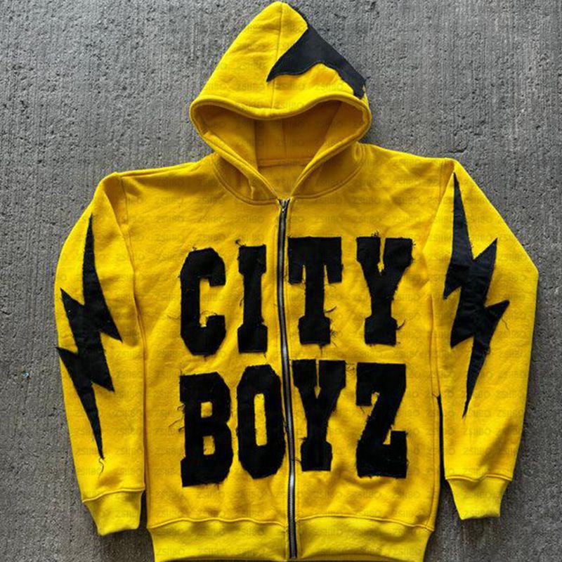 Felpa con cappuccio in stile hip-hop americano con adesivi con lettere personalizzate, cardigan con cappuccio e cerniera larga_voghion.com