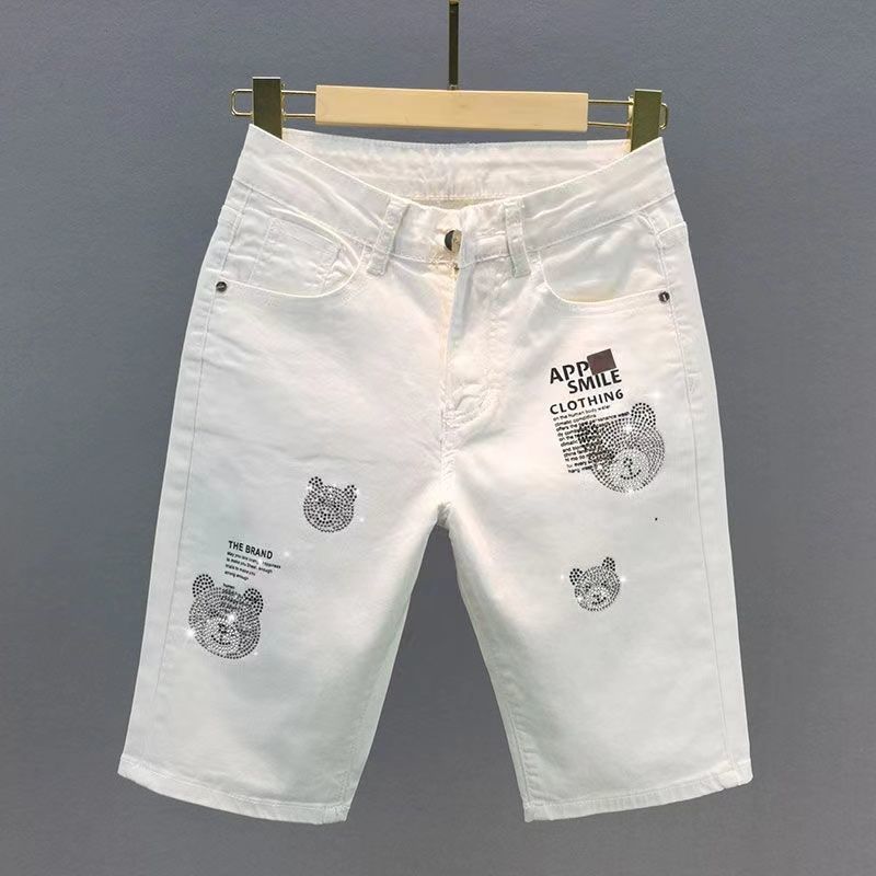 Pantalon en denim imprimé ours blanc, taille haute, slim, amincissant, cinq quarts, nouvelle collection été 2024_voghion.com