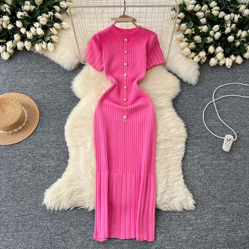 Women's Clothing temperament knitted new style high grade round neck single breasted short sleeved slim fit mid length dress_voghion.com