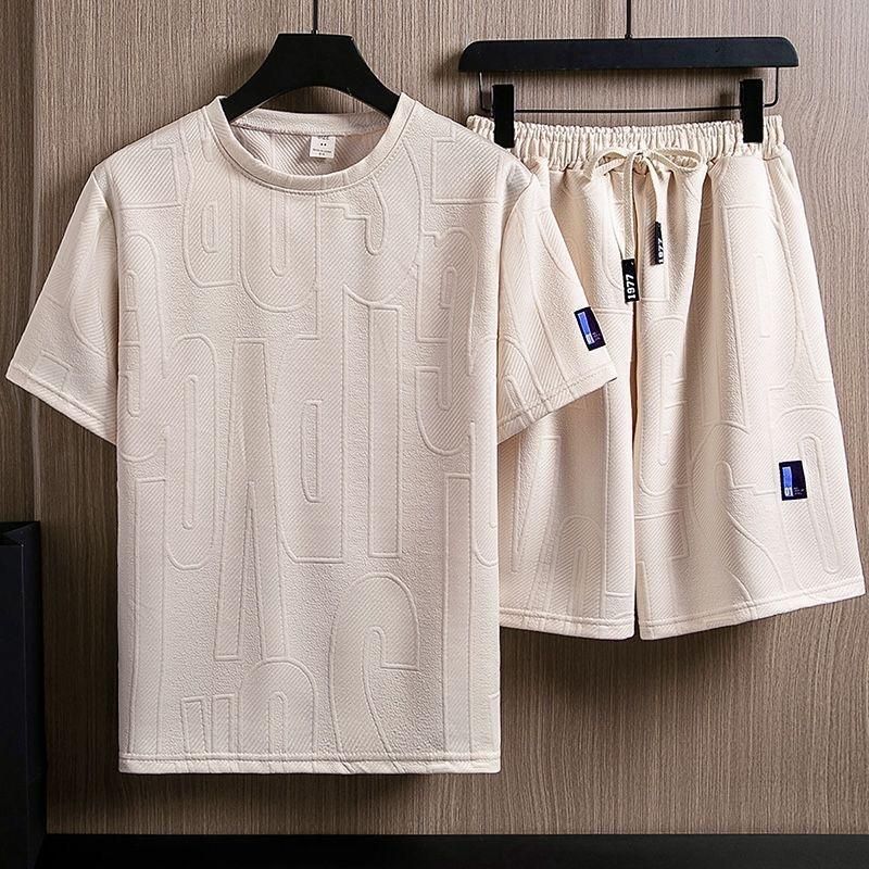 Men's Clothing Heavy Jacquard Short Sleeved Suit Men's Casual Loose Large Size Trendy Brand Ins All Match Shorts Two Piece Suit For Students_voghion.com