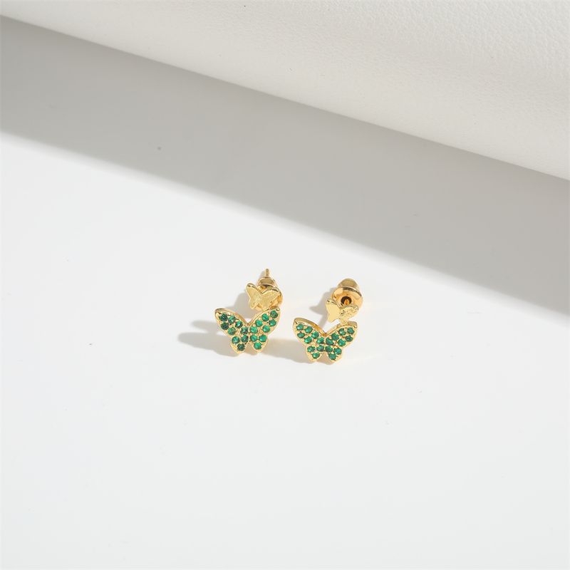 1 paio di orecchini a bottone in stile semplice ed elegante con farfalla rotonda in rame e zirconi placcati in oro 14K_voghion.com
