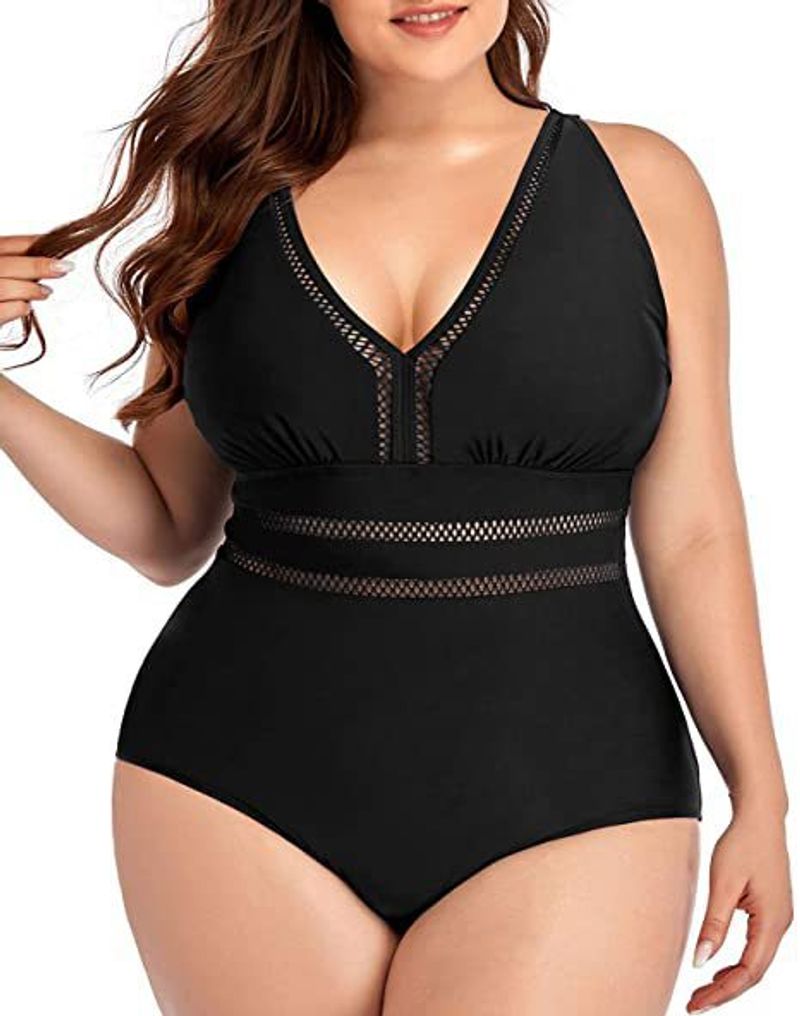 Maillot de bain une pièce grande taille pour femme avec décolleté en V et découpes à lacets - Maillot de bain élégant et confortable pour la plage et la piscine_voghion.com